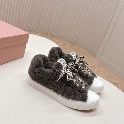 MIUMIU 25S SNEAKERS IN DARK BROWN SHEARLING WITH LEOPARD-PRINT LACES