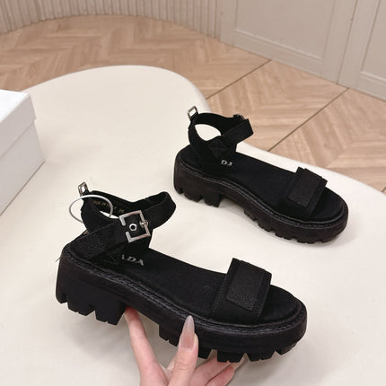 PRADA 26S SINGLE STRAP CHUNKY SOLE SANDALS IN BLACK CANVAS