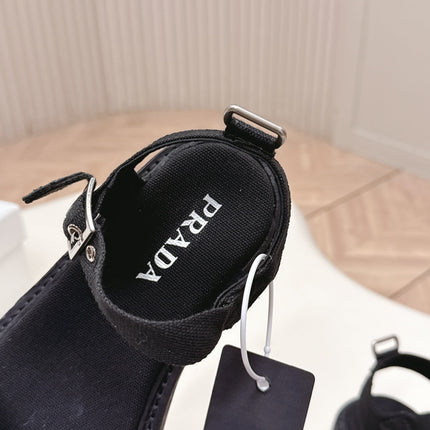 PRADA 26S SINGLE STRAP CHUNKY SOLE SANDALS IN BLACK CANVAS