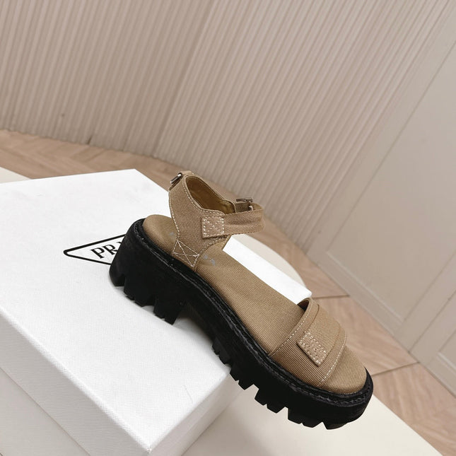 PRADA 26S SINGLE STRAP CHUNKY SOLE SANDALS IN BROWN CANVAS