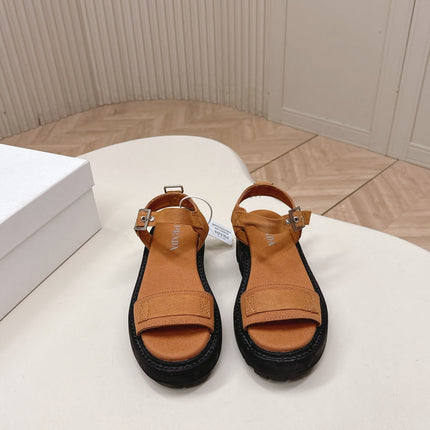 PRADA 26S SINGLE STRAP CHUNKY SOLE SANDALS IN CARAMEL BROWN CANVAS