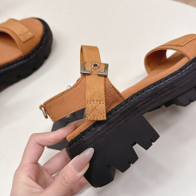 PRADA 26S SINGLE STRAP CHUNKY SOLE SANDALS IN CARAMEL BROWN CANVAS