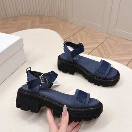 PRADA 26S SINGLE STRAP CHUNKY SOLE SANDALS IN NAVY BLUE CANVAS
