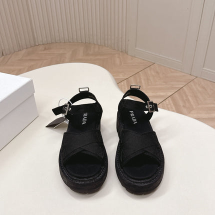 PRADA 26S CROSS STRAP CHUNKY SOLE SANDALS IN BLACK CANVAS
