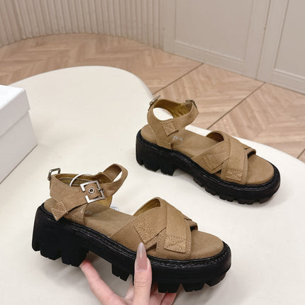 PRADA 26S CROSS STRAP CHUNKY SOLE SANDALS IN BROWN CANVAS
