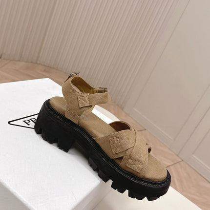 PRADA 26S CROSS STRAP CHUNKY SOLE SANDALS IN BROWN CANVAS