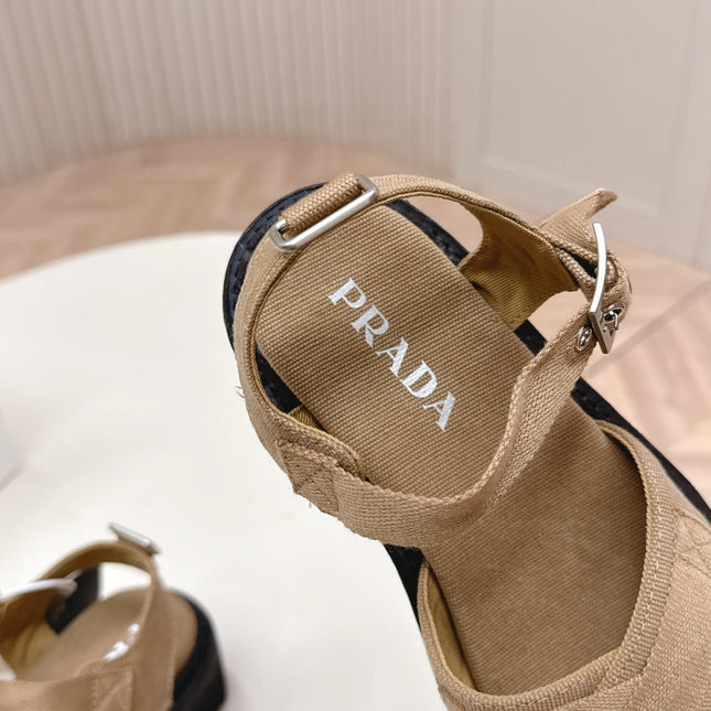 PRADA 26S CROSS STRAP CHUNKY SOLE SANDALS IN BROWN CANVAS