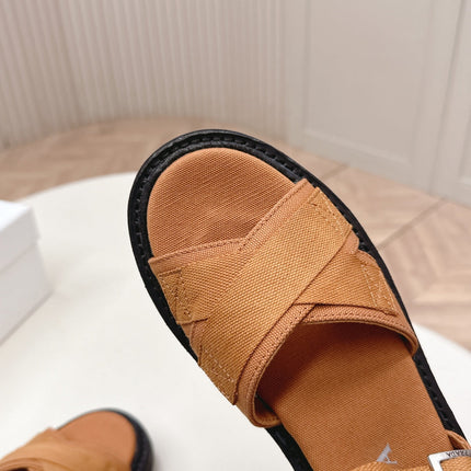 PRADA 26S CROSS STRAP CHUNKY SOLE SANDALS IN CARAMEL BROWN CANVAS