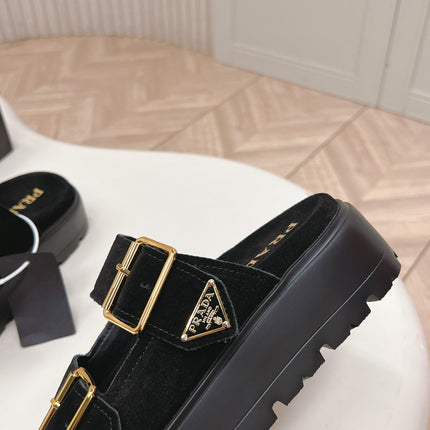 PRADA 26S DOUBLE STRAP PLATFORM SLIDES SANDALS IN BLACK SUEDE