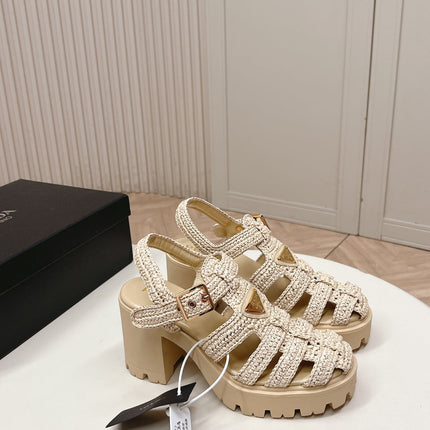 PRADA 26S HEELED FISHERMAN SANDALS IN BEIGE RAFFIA AND CALFSKIN