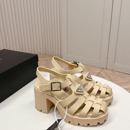 PRADA 26S CAGED PLATFORM HEEL SANDALS IN BEIGE CALFSKIN