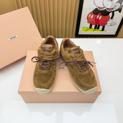 MIUMIU 26S LACE UP ESPADRILLE SNEAKERS IN CARAMEL BROWN SUEDE ROPE SOLE