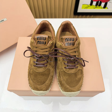 MIUMIU 26S LACE UP ESPADRILLE SNEAKERS IN CARAMEL BROWN SUEDE ROPE SOLE