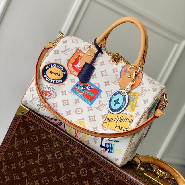 SPEEDY SOFT 30 IN WHITE MONOGRAM DUNE CANVAS AND CALFSKIN