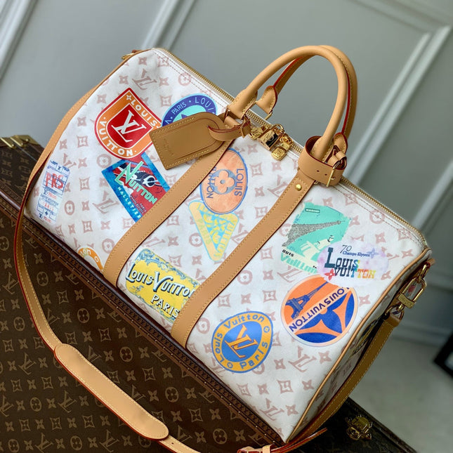 KEEPALL BANDOULIÈRE 45 IN WHITE MONOGRAM DUNE CANVAS AND CALFSKIN