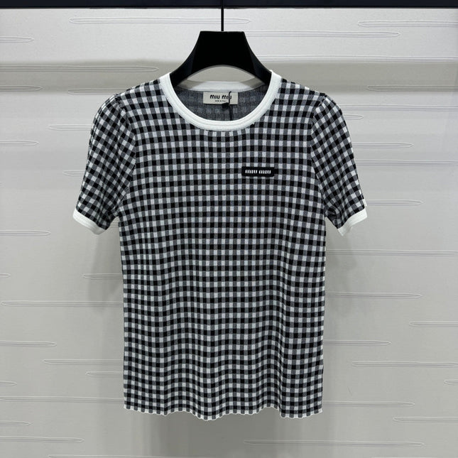 MIUMIU CREW NECK SHORT-SLEEVE PLAID KNIT TOP 274833