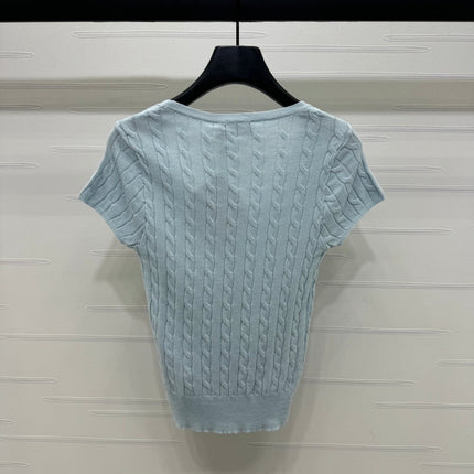 MIUMIU U-NECK KNITTED SHORT-SLEEVE TOP LIGHT BLUE 274948