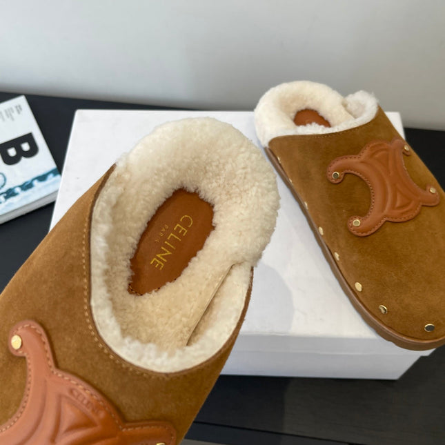 CELINE 26S FUR-LINED MULES IN BROWN SUEDE