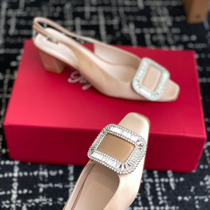 ROGER VIVIER 25S VIVIER SLINGBACK 45MM IN BEIGE SILK EMBELLISHED CRYSTALS