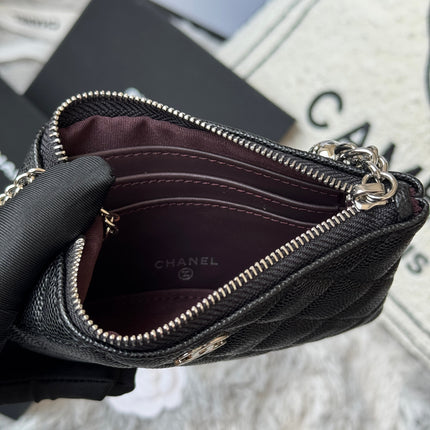 CC CLASSIC ZIPPED POUCH 14 IN BLACK GRAINED CALFSKIN SILVER-TONE CHARM CHAIN