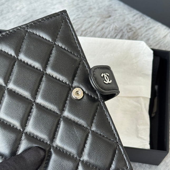 CHANEL 25S MULTI PURPOSE PASSPORT WALLET 15 IN BLACK LAMBSKIN SILVER HARDWARE