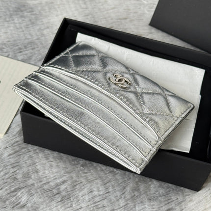 CHANEL 25S CARD HOLDER 11 IN SILVER LAMBSKIN GOLD HARDWARE