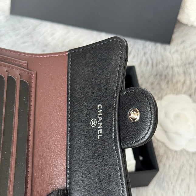 CHANEL 25S CF SMALL TRI FOLD WALLET 11 IN BLACK LAMBSKIN SILVER HARDWARE