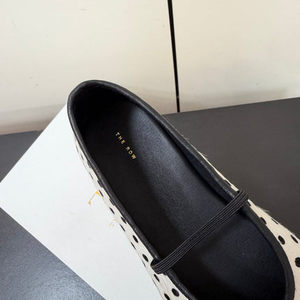 THE ROW 26S BALLET FLATS IN WHITE & BLACK MICRO POLKA DOT CALF HAIR CALFSKIN