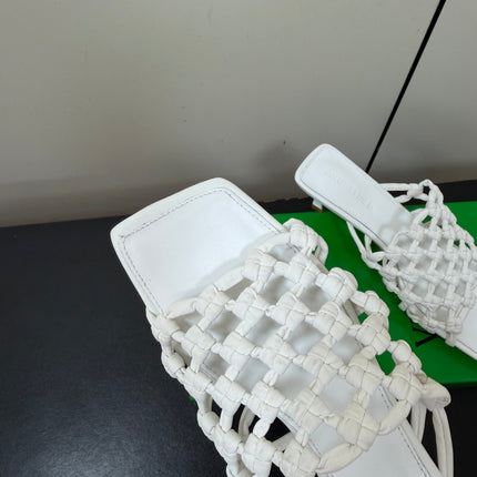 BOTTEGA VENETA 26S WOVEN STRAP HIGH-HEEL SANDALS 55 MM IN WHITE LAMBSKIN