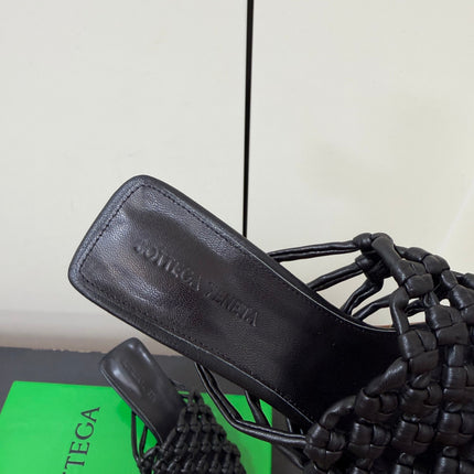BOTTEGA VENETA 26S WOVEN STRAP HIGH-HEEL SANDALS 55 MM IN BLACK LAMBSKIN