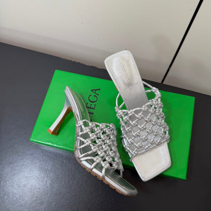 BOTTEGA VENETA 26S WOVEN STRAP HIGH-HEEL SANDALS 85 MM IN SILVER LAMBSKIN