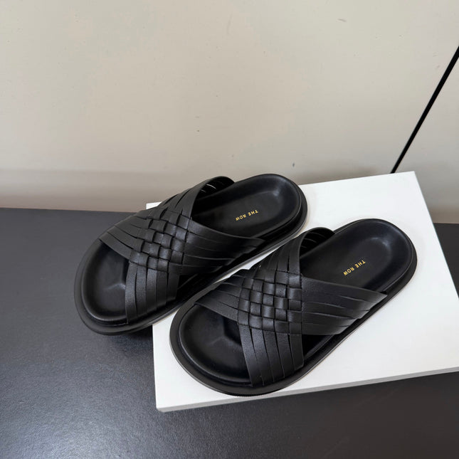 THE ROW 26S CROSS STRAP SANDALS IN BLACK CALFSKIN