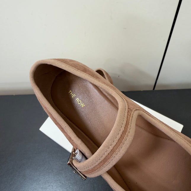 THE ROW 26S MARY JANE BALLET FLATS IN BROWN SUEDE WITH SILVER HARDWARE