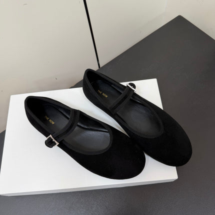 THE ROW 26S MARY JANE BALLET FLATS IN BLACK SUEDE WITH SILVER HARDWARE
