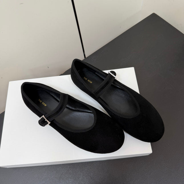 THE ROW 26S MARY JANE BALLET FLATS IN BLACK SUEDE WITH SILVER HARDWARE