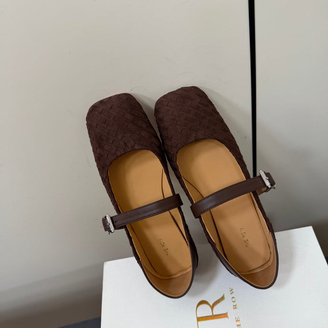 THE ROW 26S MARY JANE BALLET FLATS IN DARK BROWN SUEDE AND CALFSKIN