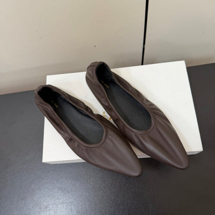THE ROW 26S POINTED TOE BALLET FLATS IN CHOCOLATE BROWN LAMBSKIN