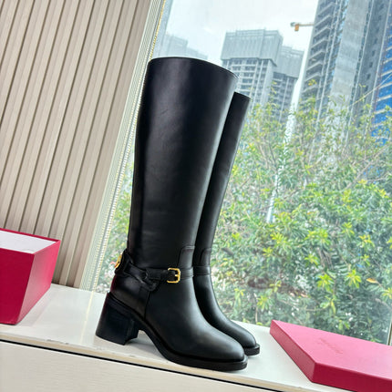 VALENTINO 25S HIGH-CUT SIGNATURE LOGO BOOTS 60 MM IN BLACK CALFSKIN WITH GOLD HARDWARE