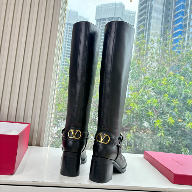 VALENTINO 25S HIGH-CUT SIGNATURE LOGO BOOTS 60 MM IN BLACK CALFSKIN WITH GOLD HARDWARE
