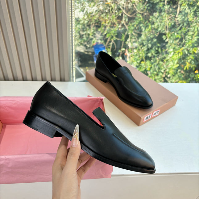 MIUMIU 26S LOAFERS IN BLACK LAMBSKIN