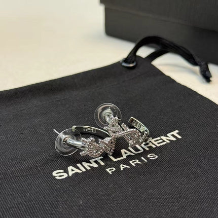YSL 26S CRYSTAL LOGO HOOP EARRINGS IN SILVER TONE METAL 629139