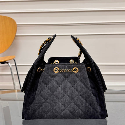CHANEL 25S HOBO BAG 30 IN BLACK-GRAY DENIM WITH GOLD HARDWARE