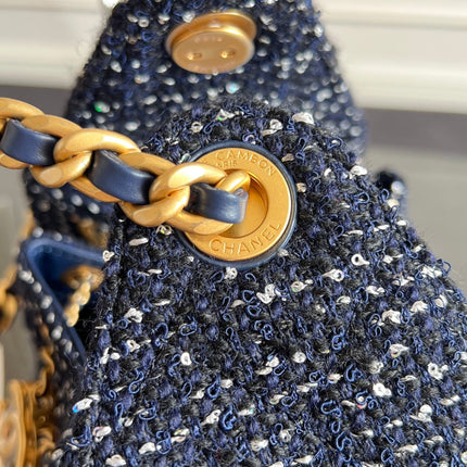 CHANEL 25S HOBO BAG 30 IN NAVY BLUE TWEED WITH GOLD HARDWARE