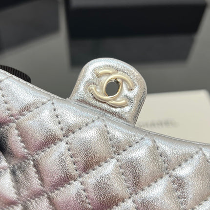 CHANEL 25S FLAP CHARM BAG 13 IN SILVER METALLIC LAMBSKIN