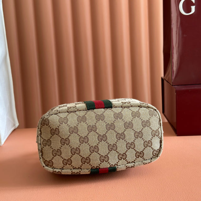 GUCCI 26S GIGLIO TOP HANDLE BAG 19 IN WARM BEIGE AND BROWN CANVAS