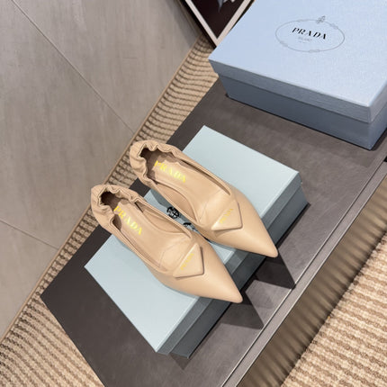 PRADA 26S POINTED TOE PUMPS 55MM IN NUDE SHEEPSKIN WITH LOGO