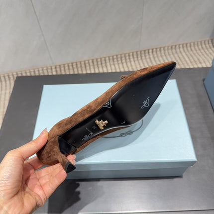 PRADA 26S PUMPS 55MM IN BROWN SUEDE WITH LOGO
