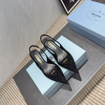 PRADA 26S POINTED TOE SLINGBACK HIGH HEELS 55MM IN BLACK SUEDE WITH LOGO