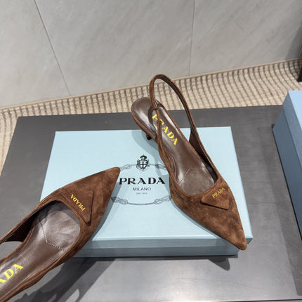 PRADA 26S POINTED TOE SLINGBACK HIGH HEELS 55MM IN BROWN SUEDE WITH LOGO