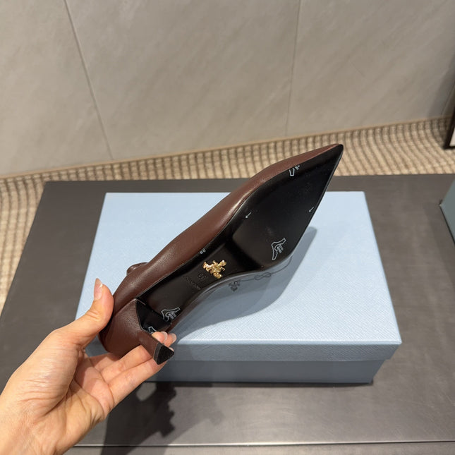 PRADA 26S POINTED TOE PUMPS 55MM IN DARK BROWN SHEEPSKIN WITH LOGO